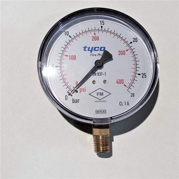WATER PRESSURE GAUGE; 1/4" NPT, 0-400PSI; UL LISTED/FM APPROVED; P/N:025500013; TYCO